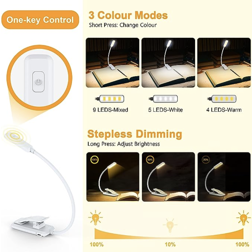 Rechargeable Mini Book Light LED Dimming Easy Clip Night in Bed Reading Eye Protection Lamp