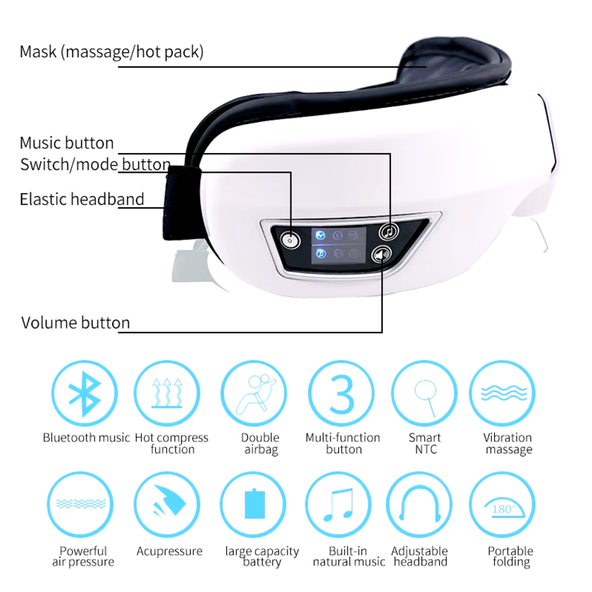 Eye Massage Instrument Vibration Airbag Pressure Hot Compress Eye Massager Bluetooth Music Relax Fatigue Eye Care Foldable