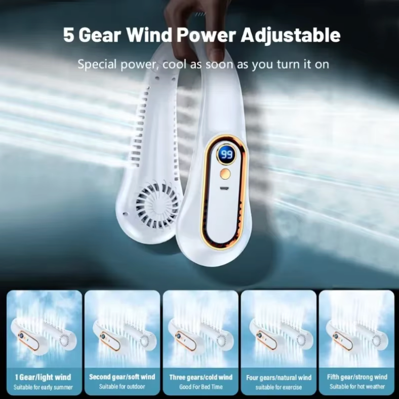 Smart Bladeless Neck Fan with LED Digital Display | 5-Speed Wearable Air Cooler