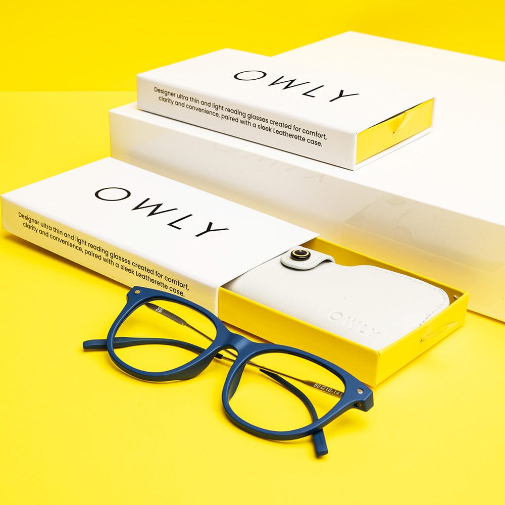 Owly Thin & Light Blue Blocking Reading Glasses Blue Colour Frames In Yellow Background With Branded Box And Case